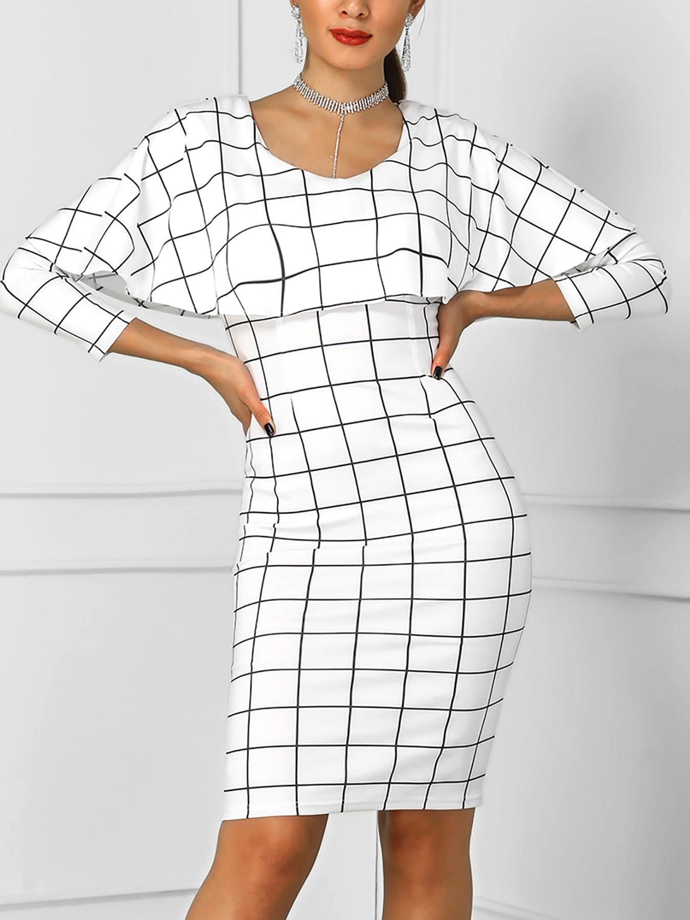 

Long Sleeve Plaid Fold-Over Dress, White