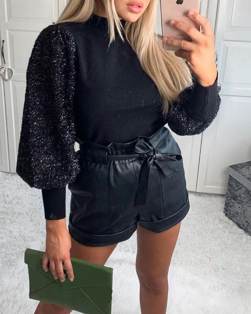 

Mock Neck Sequined Sleeve Top, Black