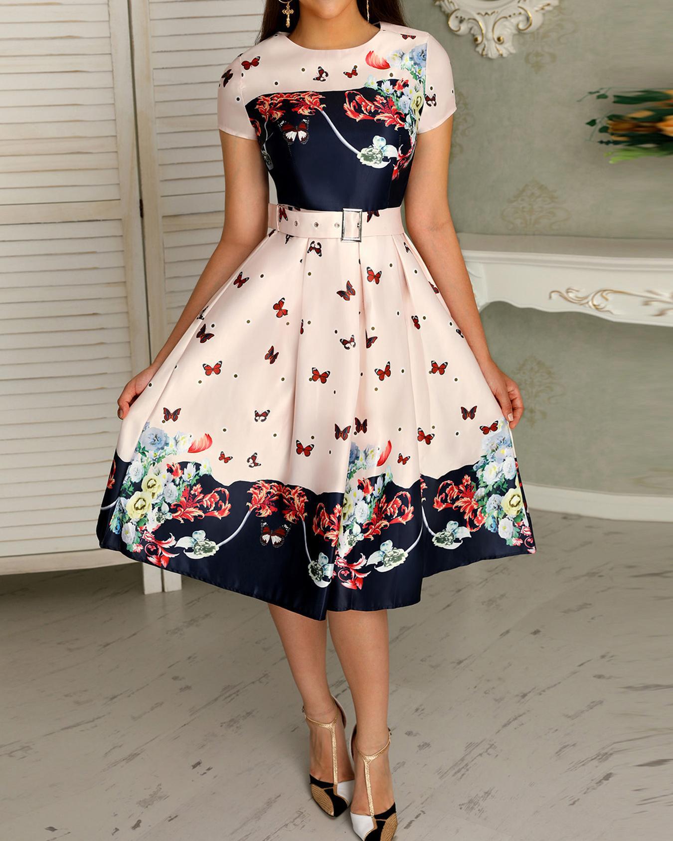 

Butterfly Print Short Sleeve Belted Pleated Dress, Nude