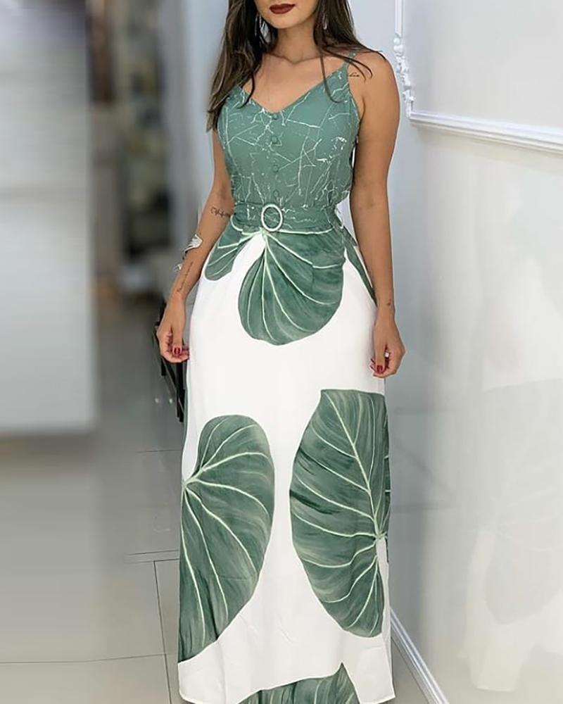 

Colorblock Buttoned Top & Leaf Print Maxi Skirt Set, Green