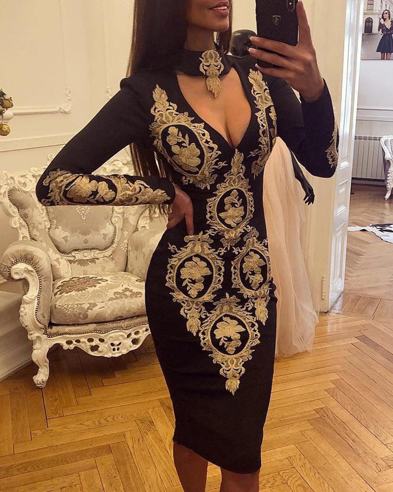 

Long Sleeve Lace Applique Bodycon Dress, Black