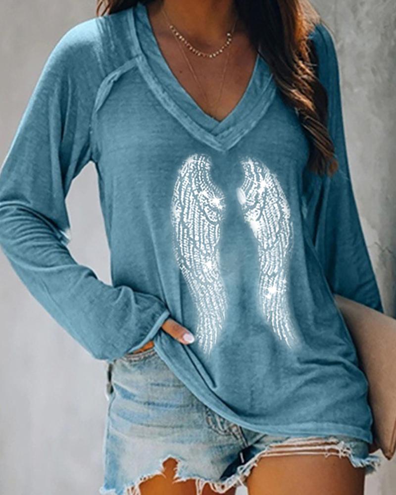 

Studded Wing Pattern Long Sleeve Top, Blue