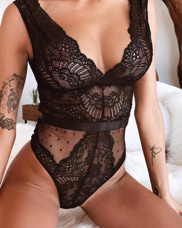 

See Through Lace Teddy Bodysuit, Black