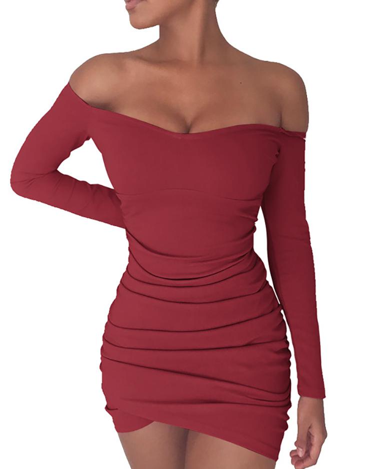 

Sexy Solid Off Shoulder Ruched Bodycon Mini Dress, Gray;black