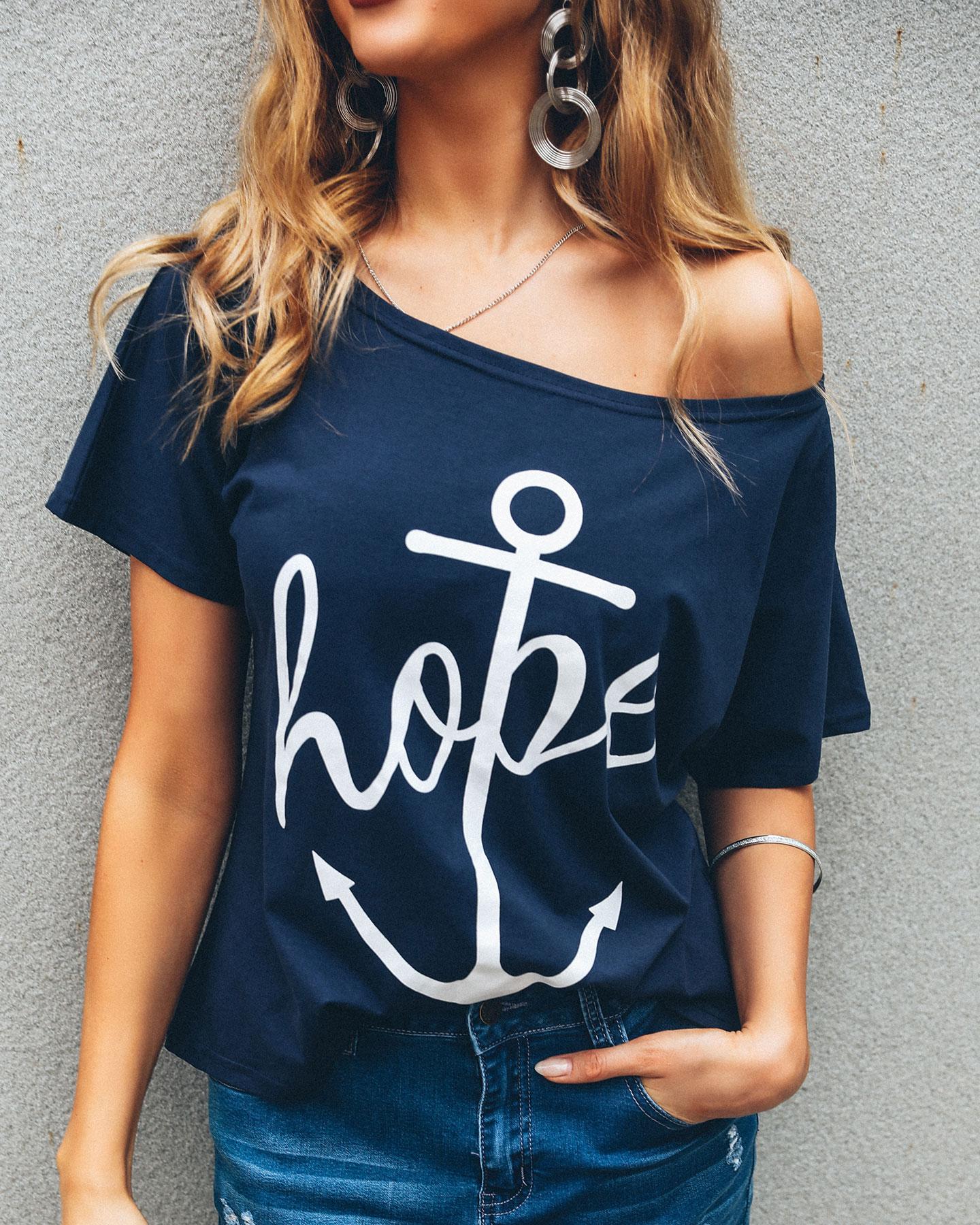 

Off Shoulder Boat Anchor Print T-Shirt, Dark blue