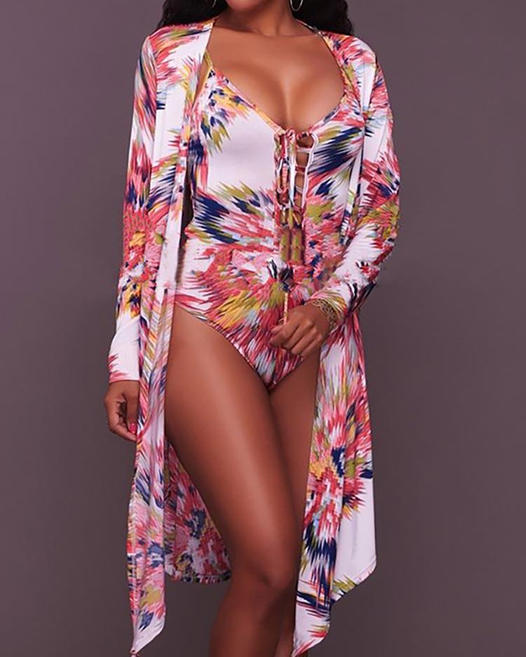 

Abstract Print Lace Up One-Piece With Cover Up, Pink