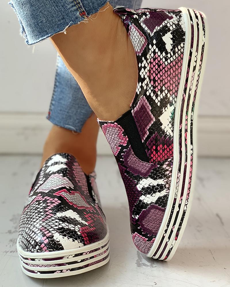 

PU Snakeskin Print Flat Sneakers, Purple