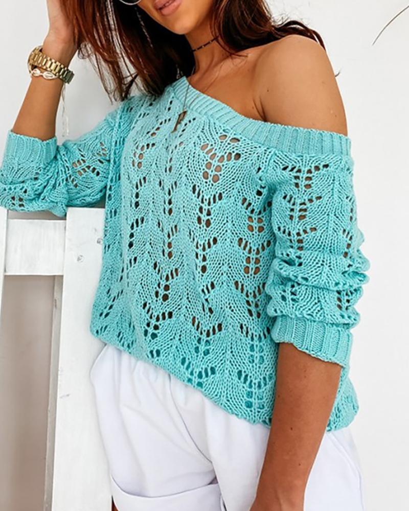 

Solid Hollow Out Long Sleeve Knit Sweater, Light blue