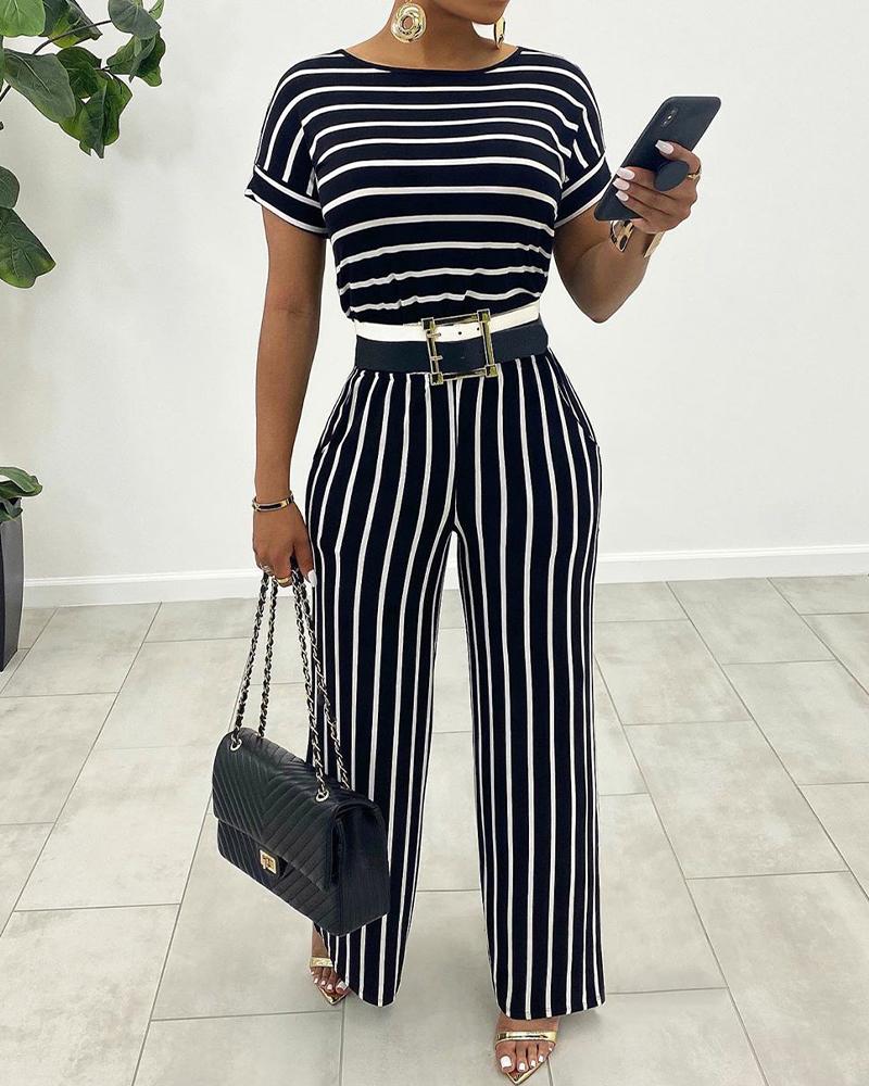 

Striped T-Shirt Culottes Jumpsuit, Black&white