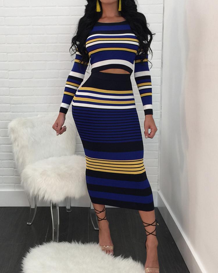 

Contrast Stripe Print Cropped Bodycon Skirt Set, Blue