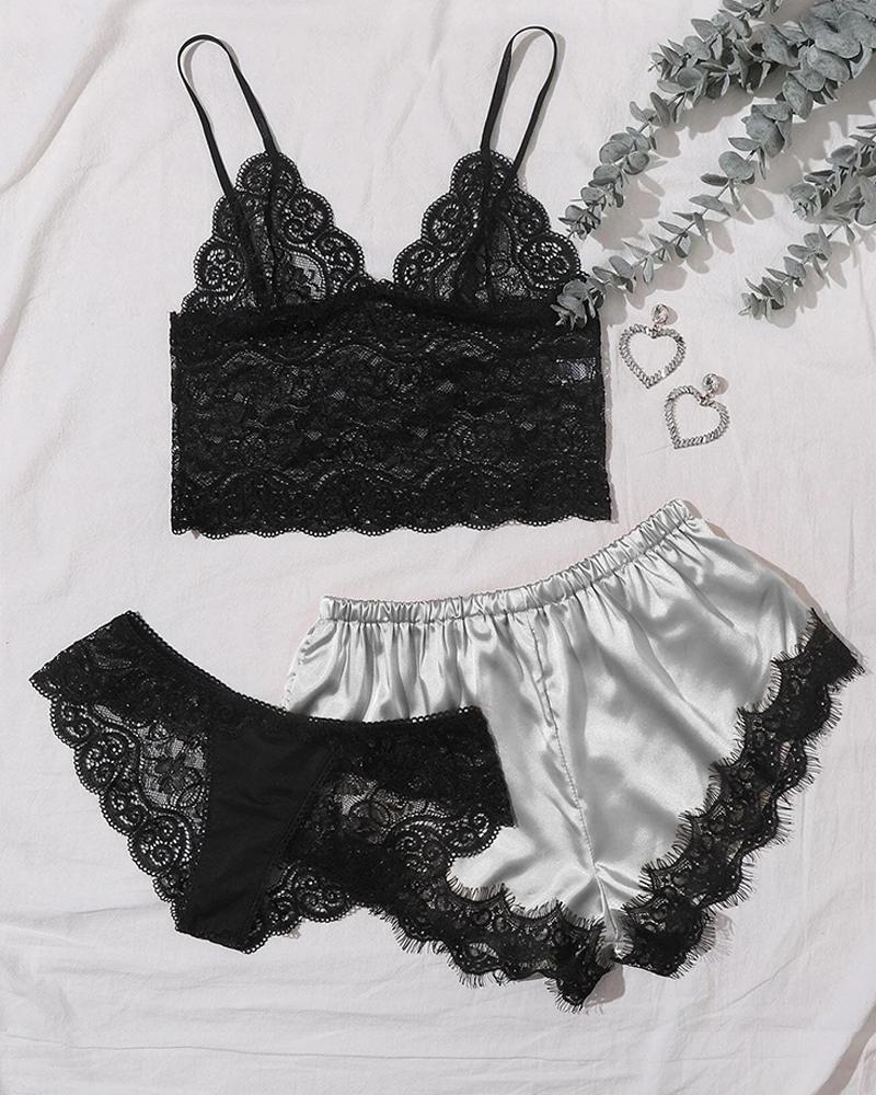 

3PCS Eyelash Lace Satin Cami Set, Gray