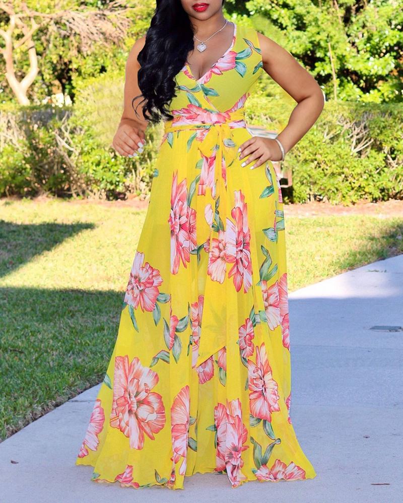 

Deep V-neck Floral Printed Maxi Chiffon Dress, Yellow