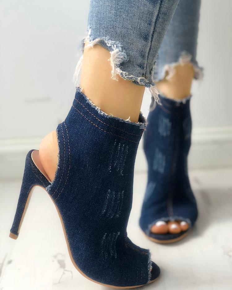 

Peep Toe Slingback Denim Thin Heels, Dark blue