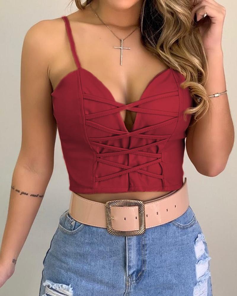 

Spaghetti Strap Plain Lace-up Crop Top, Red