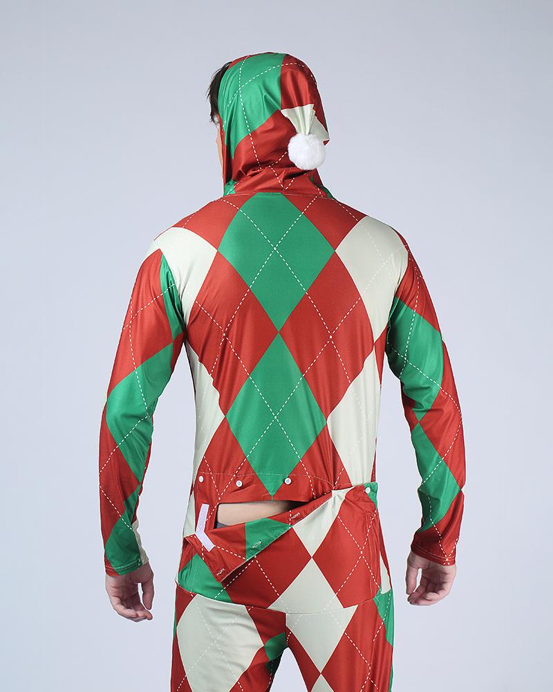 

Christmas Diamond Patterns Long Sleeve Hoodies Jumpsuit, Red