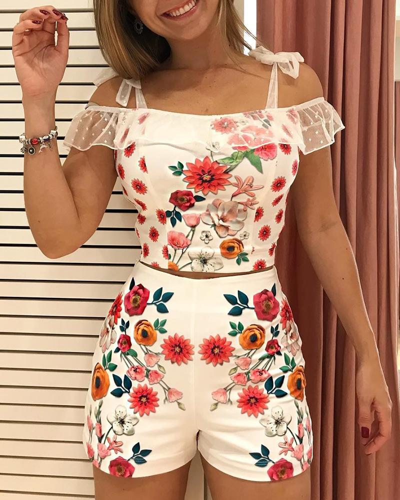

Floral Print Dots Mesh Splicing Top & Short Set, White