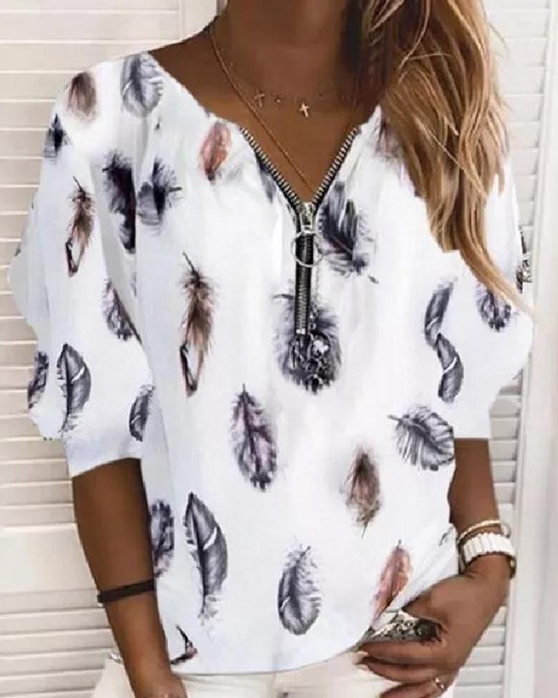 

Feather Print Long Sleeve Blouse, White