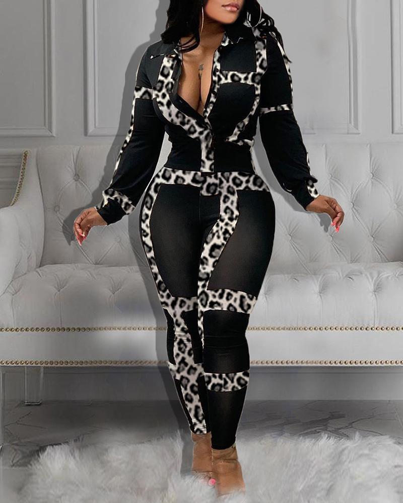 

Deep V Neck Leopard Print Jumpsuit, White