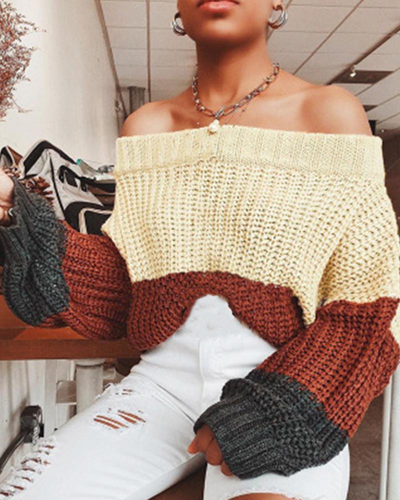 

Colorblock Off Shoulder Knit Sweater, Apricot
