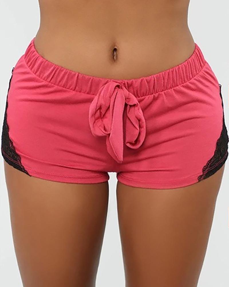 

Corchet Lace Colorblcok Drawstring Sporty Shorts, Pink