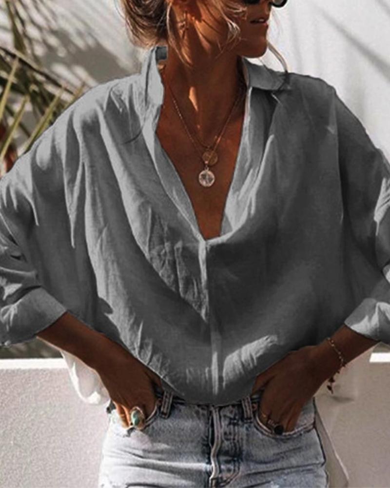 

Long Sleeve Solid Loose Fit Blouse, Gray