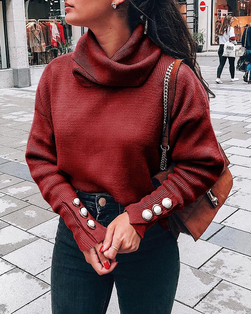 

Heap Neck Popper Cuff Solid Sweater, Wine red