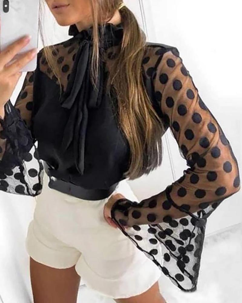 

Mesh Dot Bell Sleeve Bowknot Blouse, Black