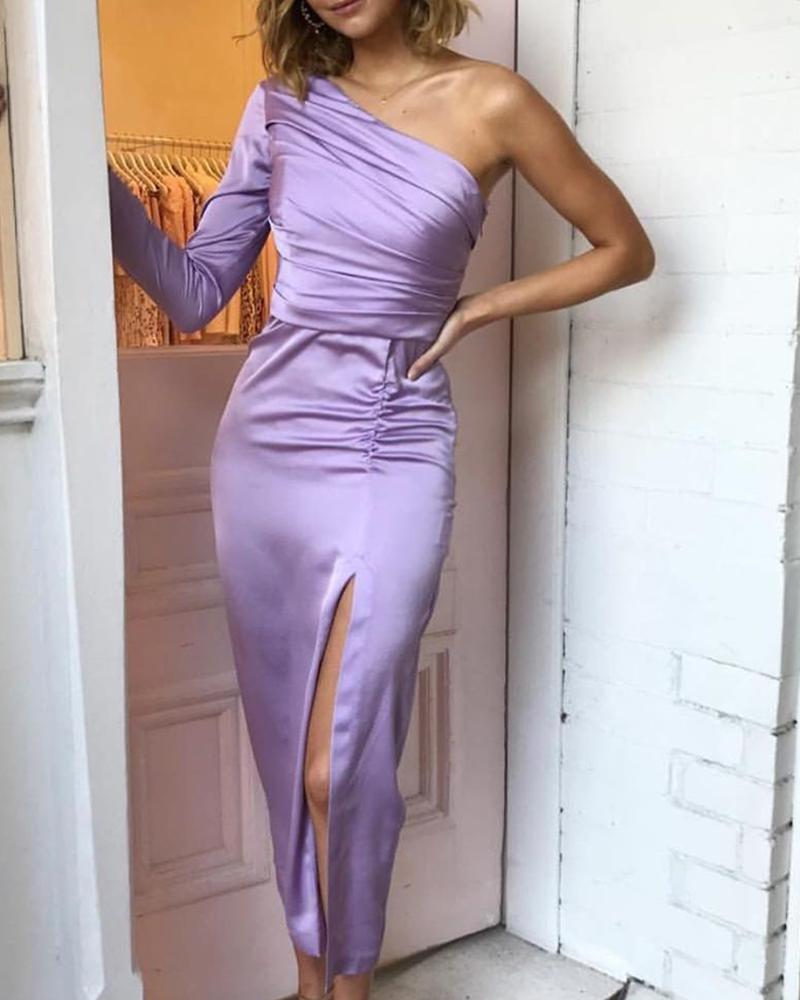 

One Shoulder Ruched Slit Bodycon Dress, Purple