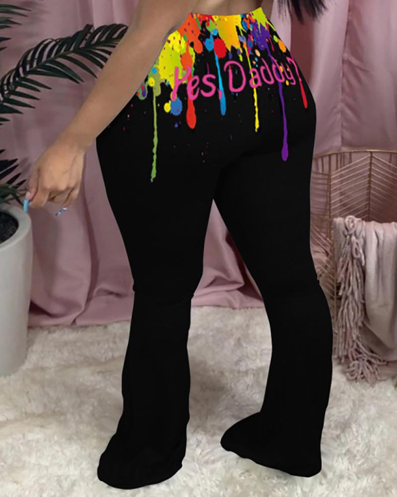 

Doodle Letter Print Fitted Bootcut Pants, Black