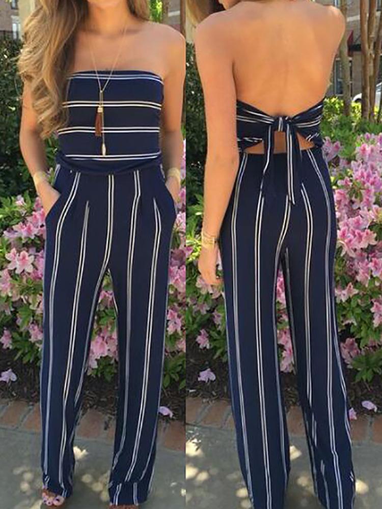 

Fashion Women Stripe Print Bow Tied Backless Tube Jumpsuit, Blue