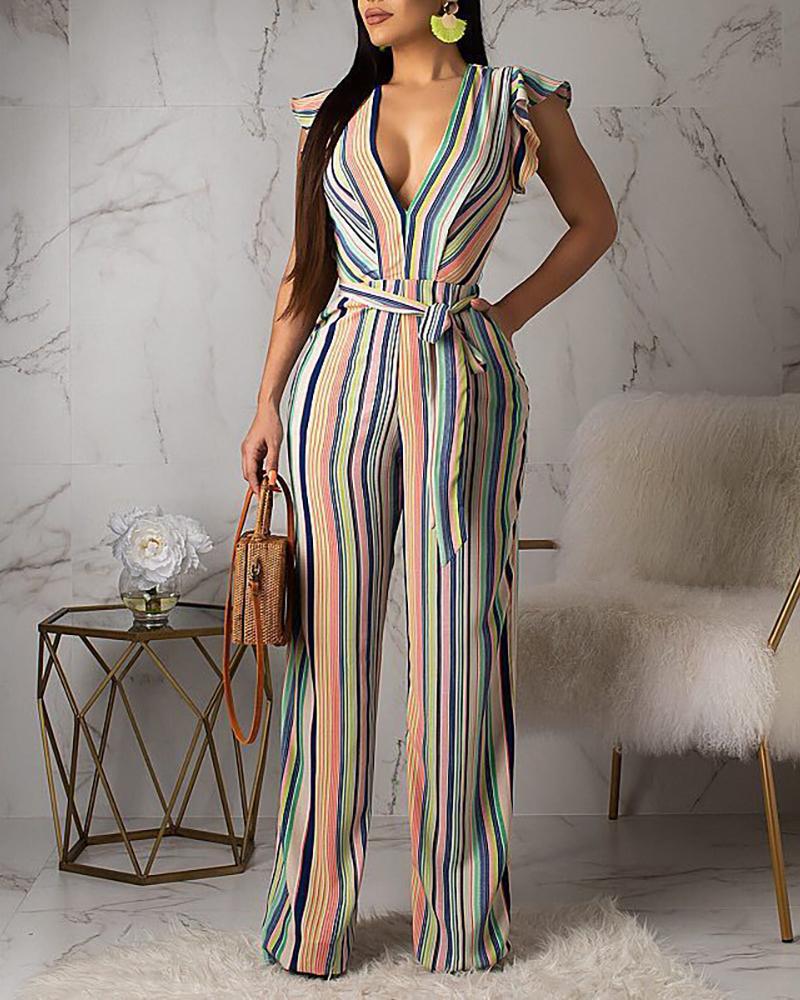

Colorful Striped Flutter Sleeve Jumpsuit
