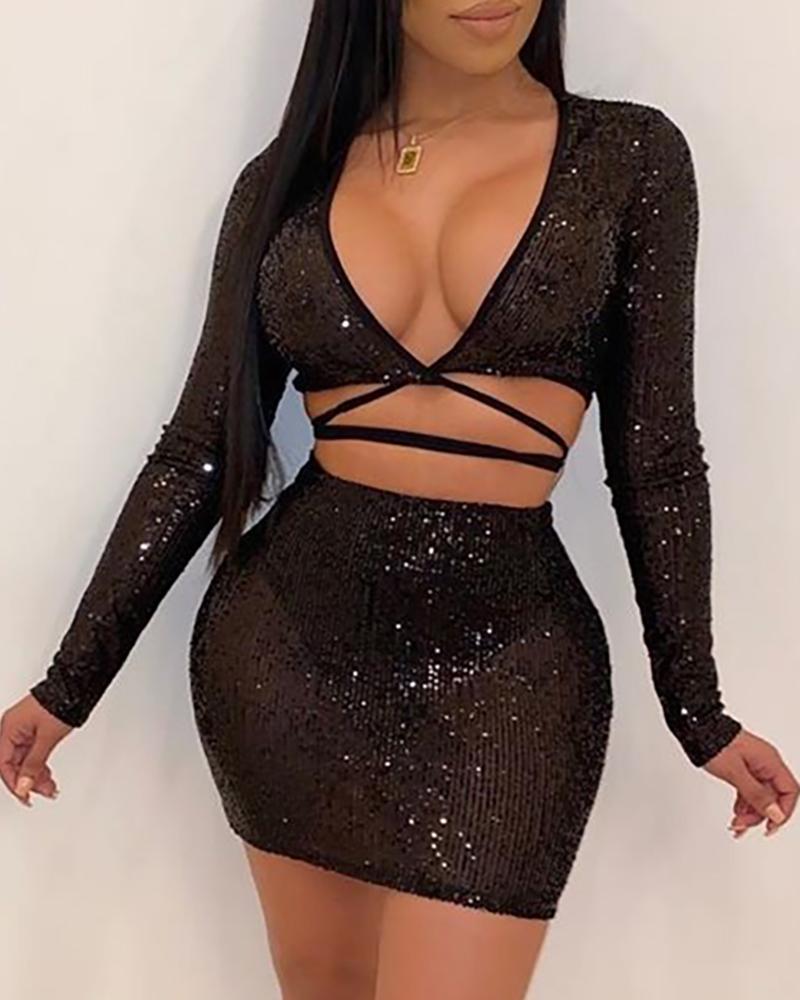 

Sequins Crop Top & Slinky Skirt Sets, Black