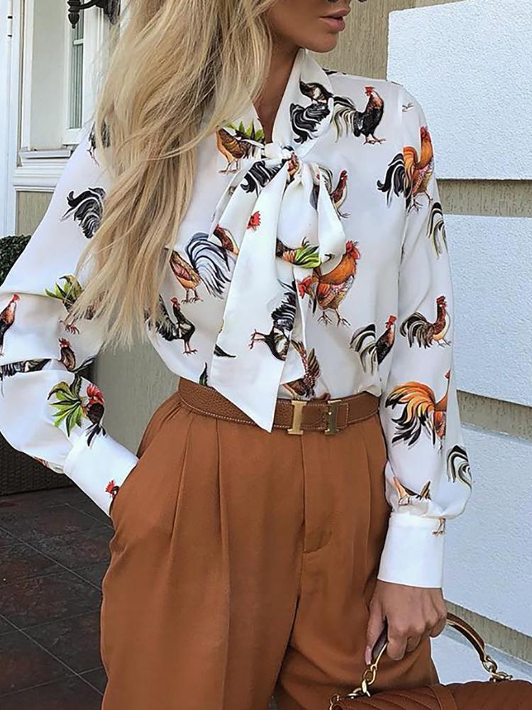 

Chicken Print Tied Neck Lantern Sleeve Blouse, White
