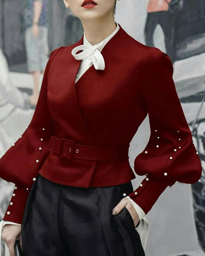 

Beaded Lantern Sleeve Bleted Blouse, Red