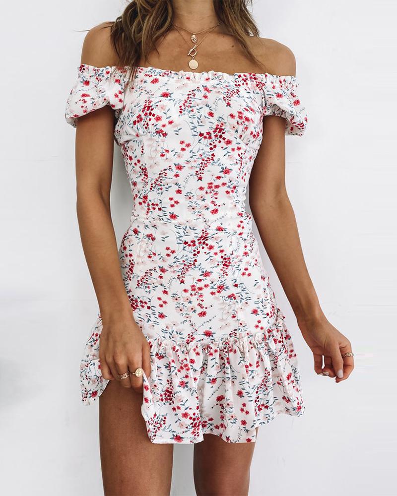 

Floral Print Off Shoulder Ruffle Trim Dress, Beige