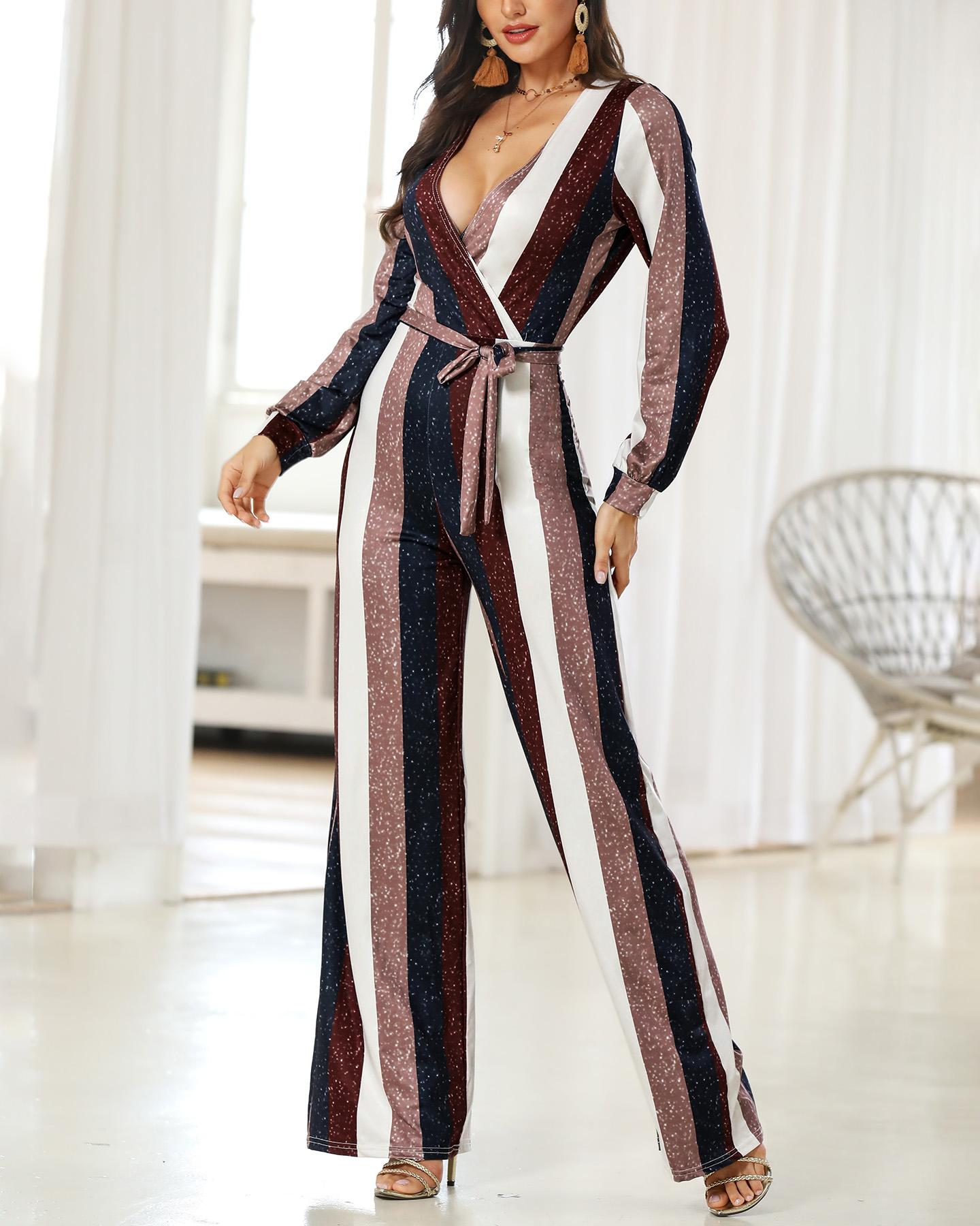 

Colorful Striped V-Neck Belted Jumpsuits, Multicolor