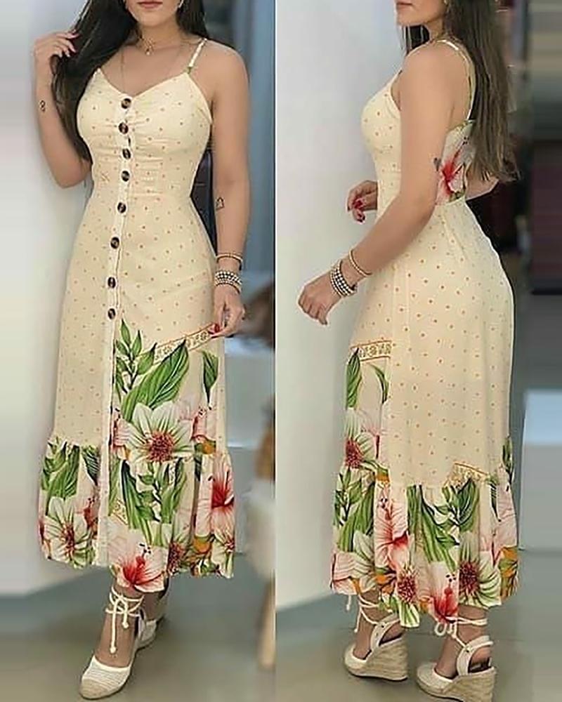 

Floral Print Ruffles Hem Cami Maxi Dress, Beige
