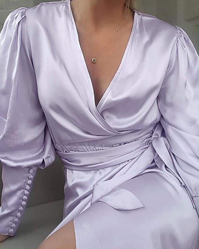 

Solid V Neck Surplice Wrap Buttoned Dress, Purple