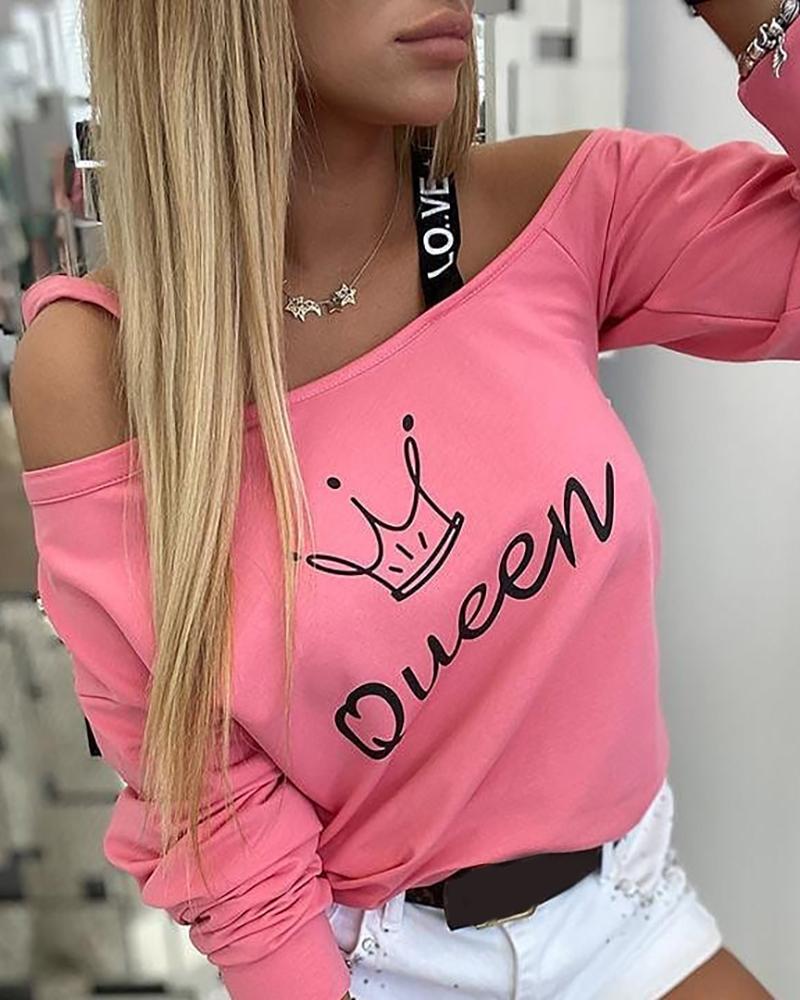 

Cold Shoulder Letter Print Sweatshirt, Pink