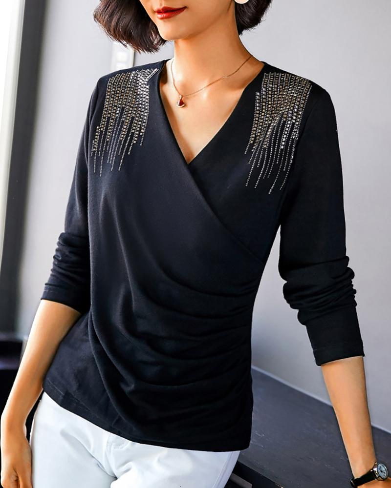 

Studded Detail V-Neck Wrap Blouse, Black