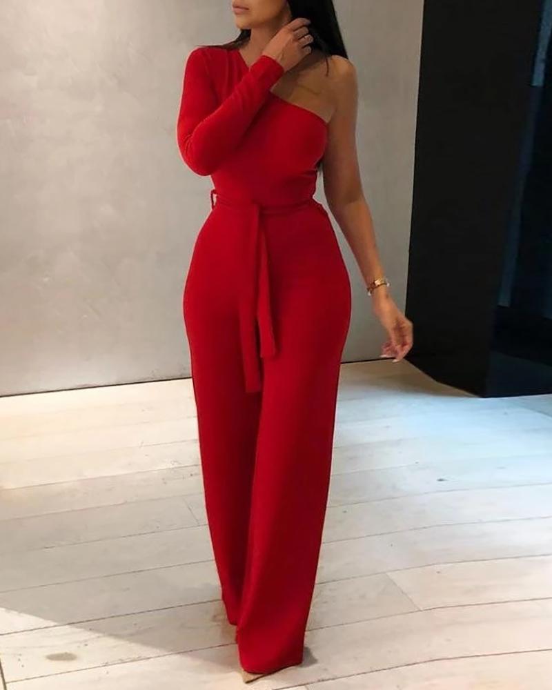 

One Shoulder Solid Wide Leg Jumpsuit, Red
