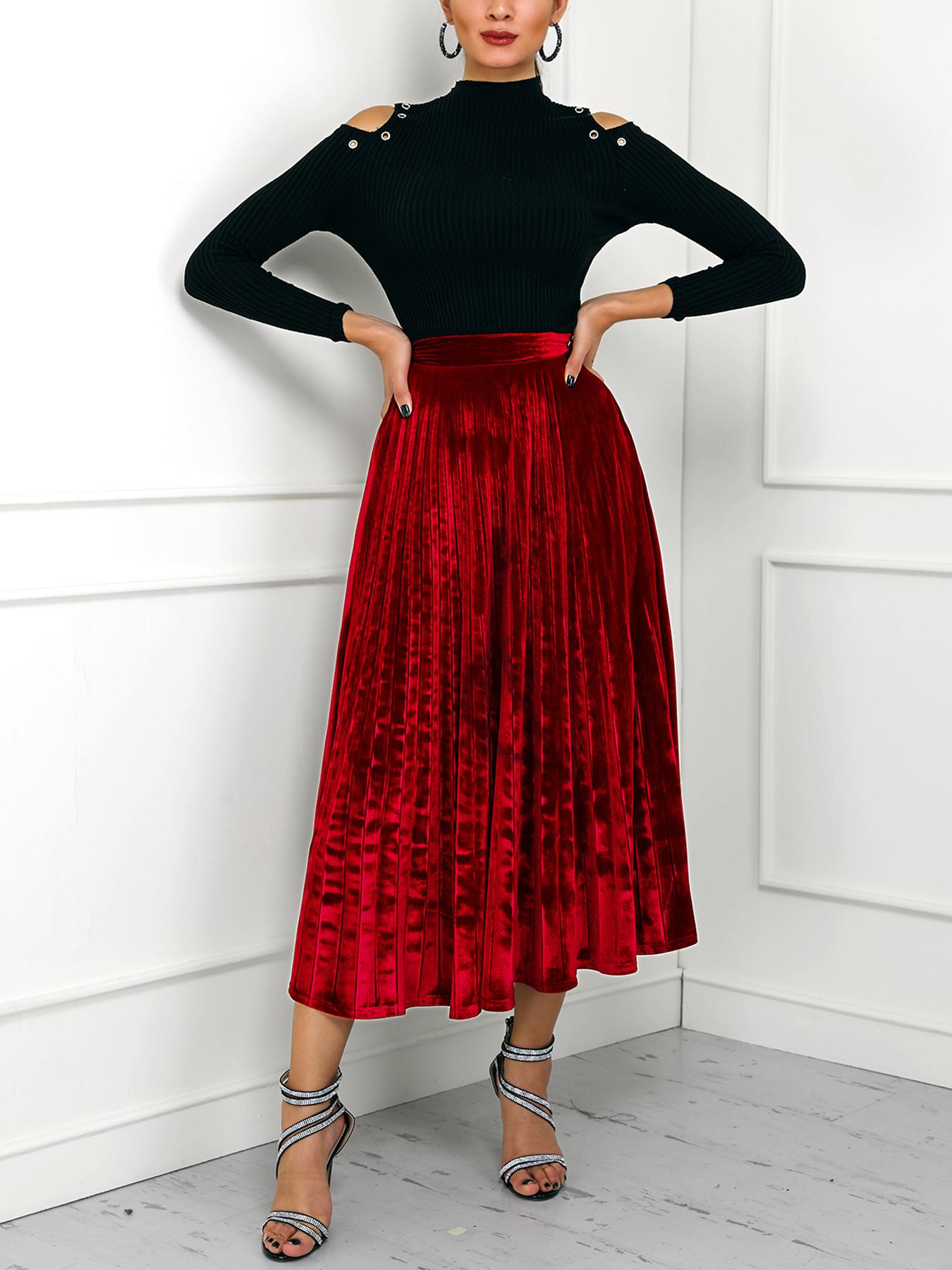 

Solid Pleated Midi Velvet Skirt, Red