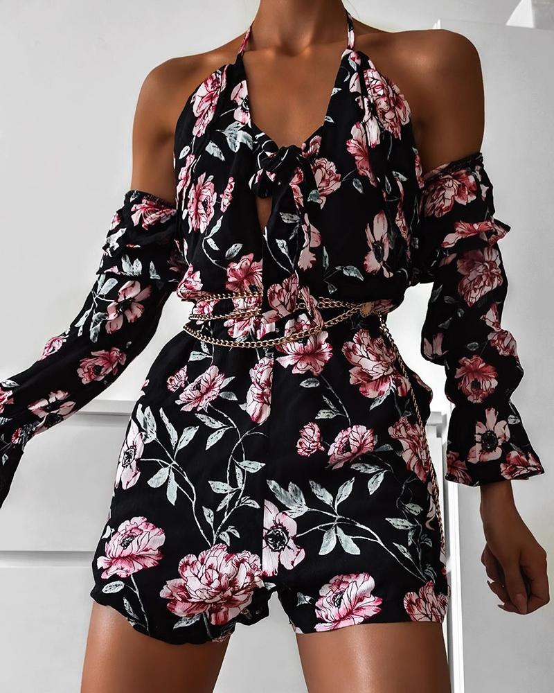 

Floral Print Halter Cold Shoulder Romper, Black