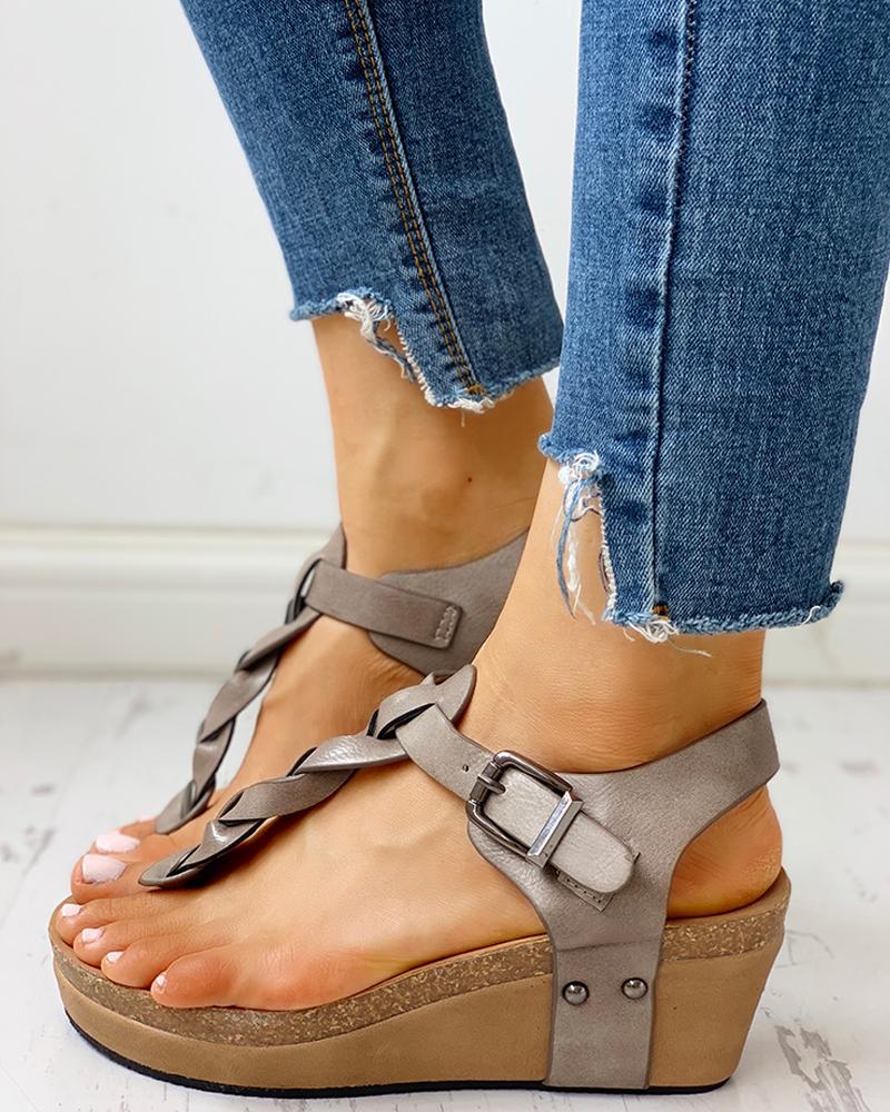 

Rivet Design Toe Post Wedge Sandals, Gray