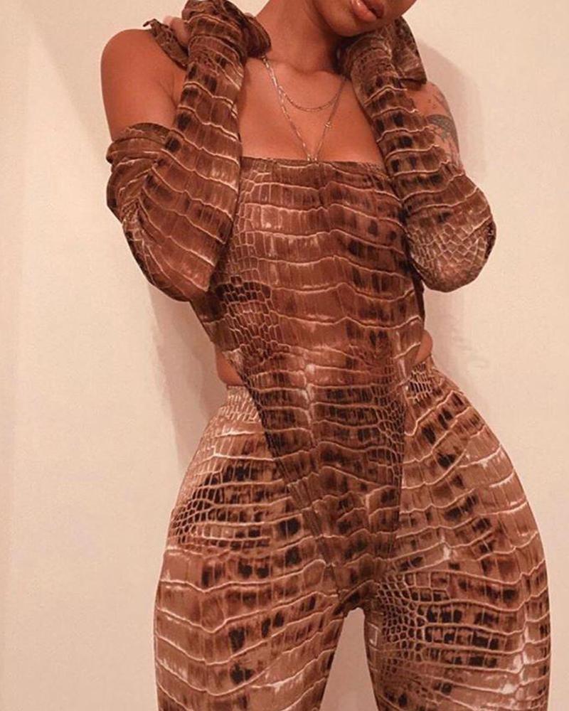 

Snake Print Off Shoulder Jumpsuit, Brown