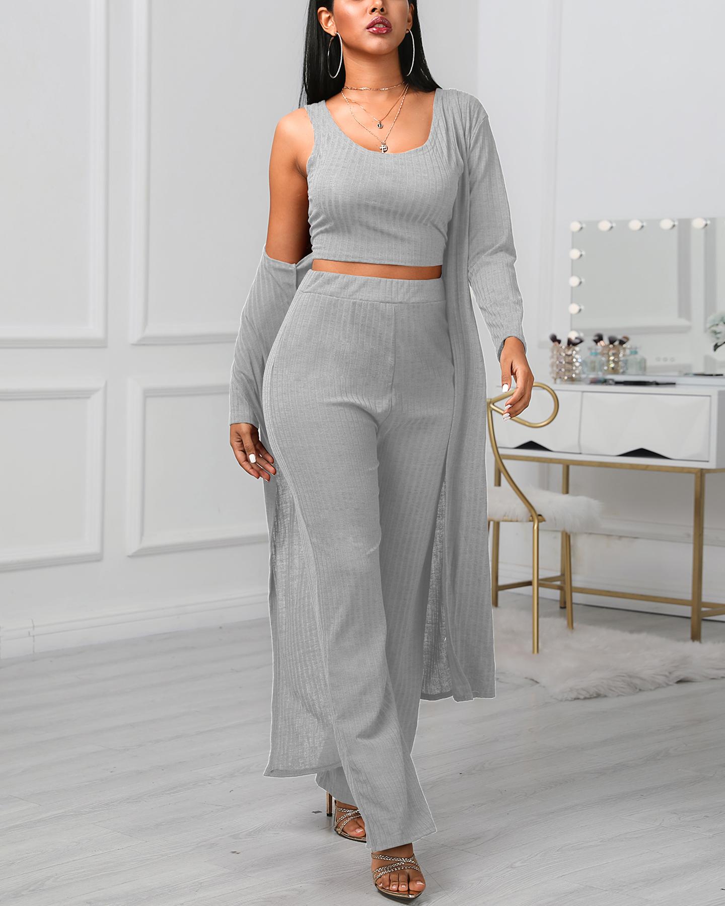 

Solid Ribbed Tank & Longline Coat & Wide Leg Pants Sets, Gray