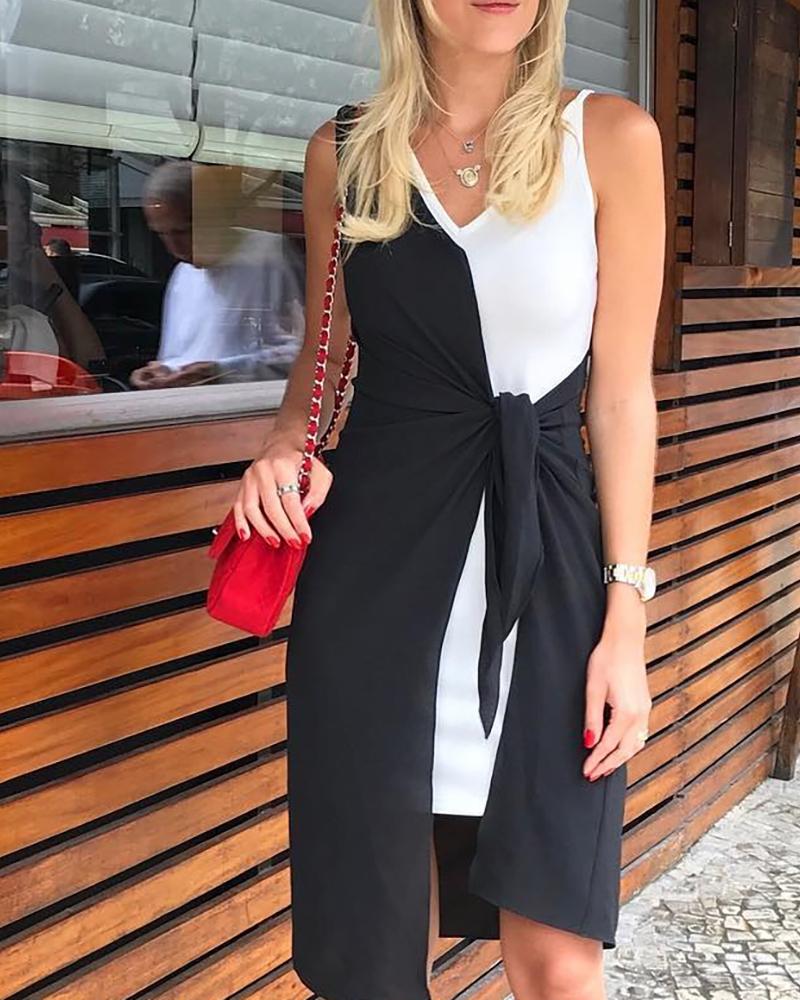 

Colorblock Insert Kontted Front Fake Two Piece Dress, Black