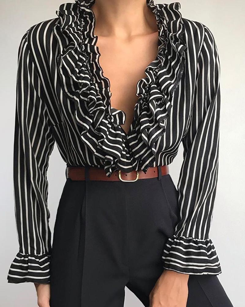 

Striped Deep V Neck Ruffles Design Shirt, Black