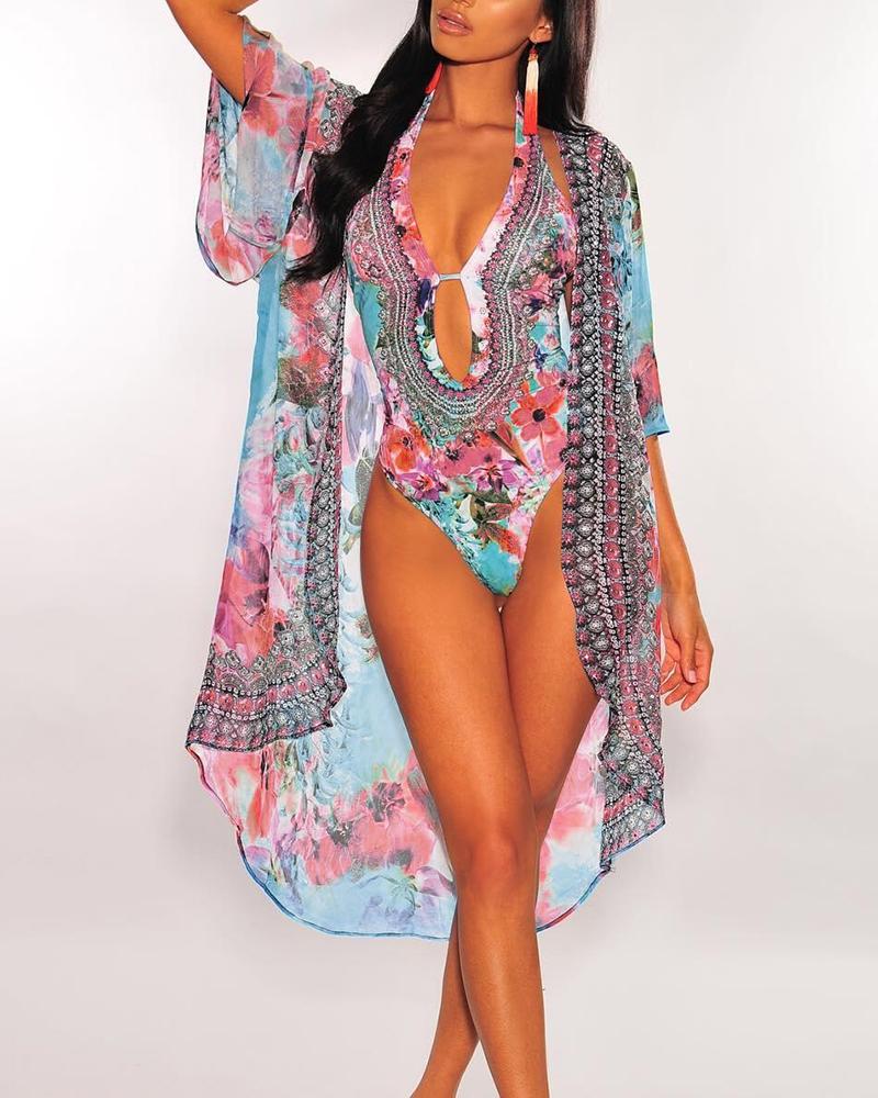 

Floral Print One Piece Swimwear With Cover Up