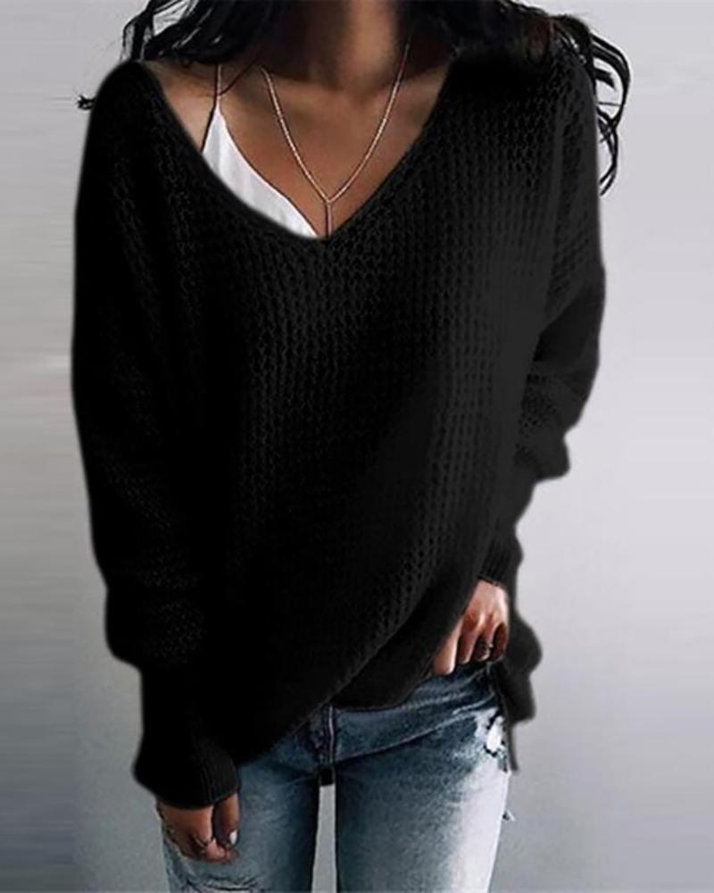 

Solid Long Sleeve Casual Sweater, Black